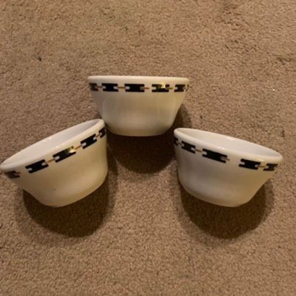 3 Buffalo China Custard Cups Black Anvils And Yellow Dashes Restaurant Ware